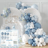A blue and white latex balloon arch kit featuring balloons, ribbons, and decorative elements for weddings and celebrations.