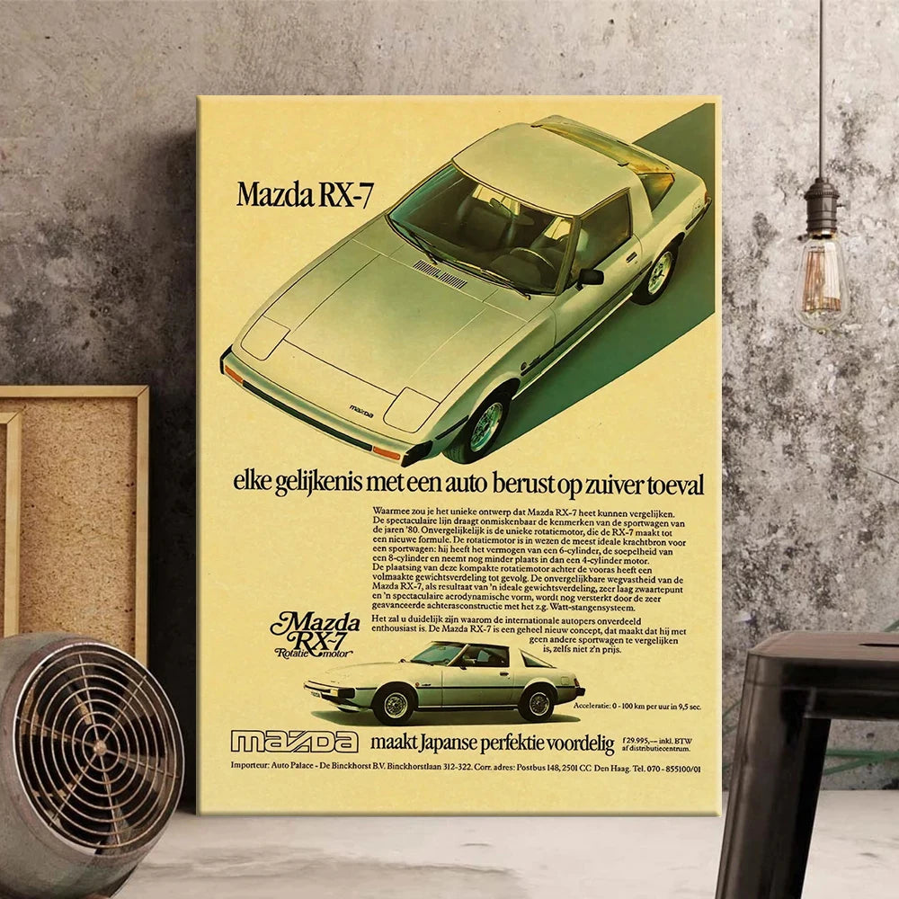 Voiture sportive Mazda RX-7 vintage vert clair, imprimée en art sur toile.