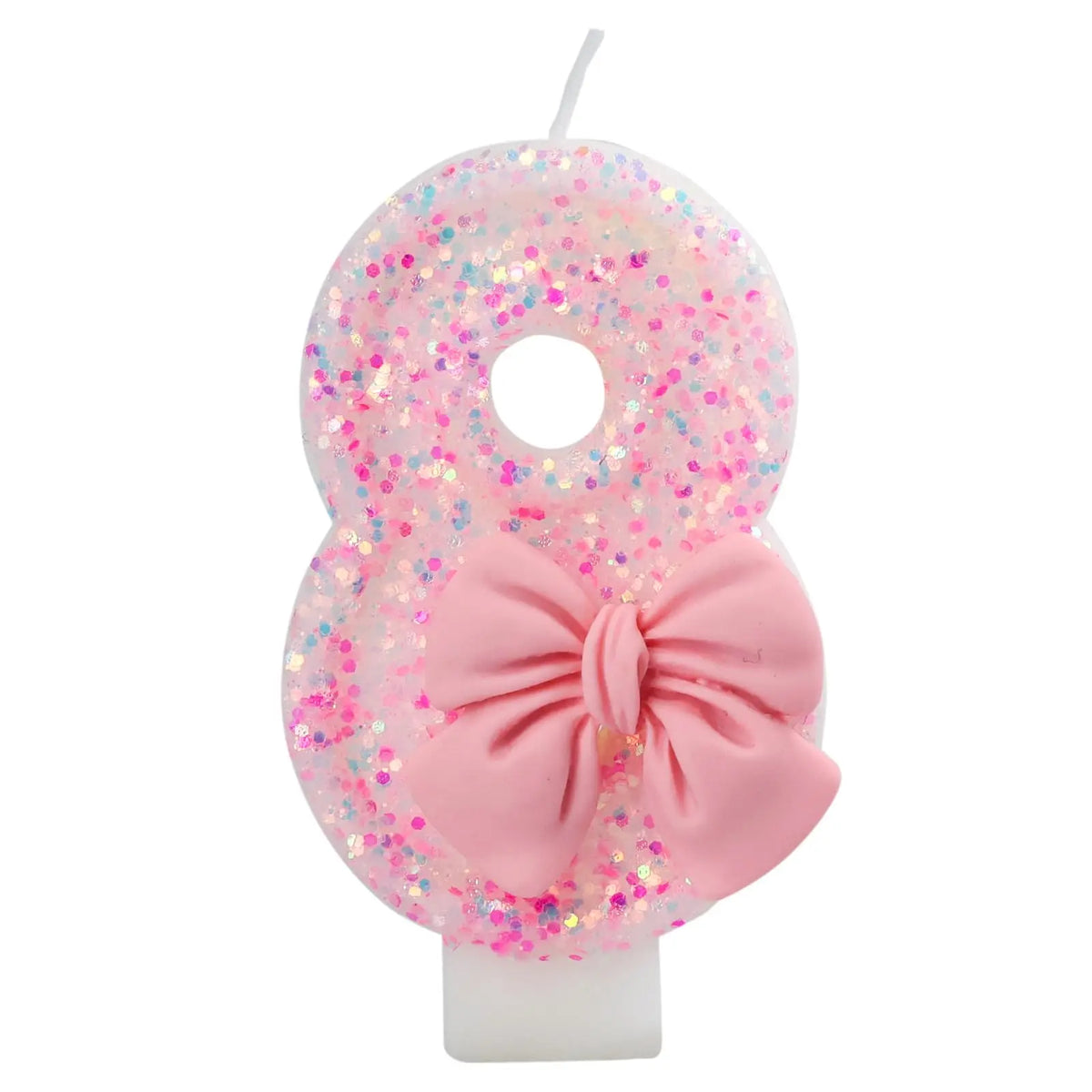 Pink glitter number eight cake candle with a pink bow for birthday or anniversary