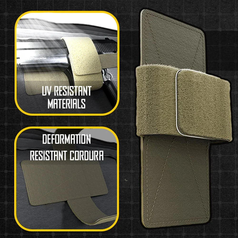 A set of olive green concealed carry holsters shown with close-ups highlighting UV resistant materials and deformation resist