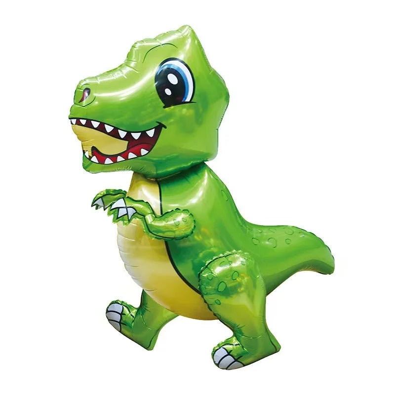 A bright green inflatable dinosaur balloon decoration.