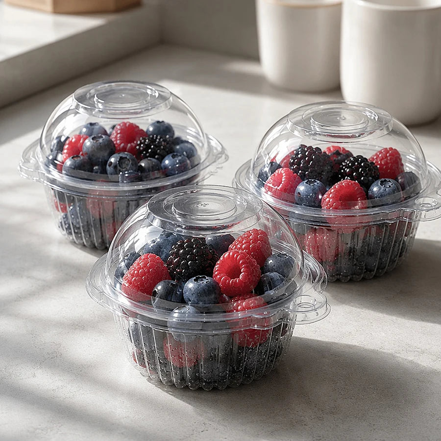 Clear plastic cupcake boxes filled with various fresh berries like blueberries, raspberries, and blackberries.