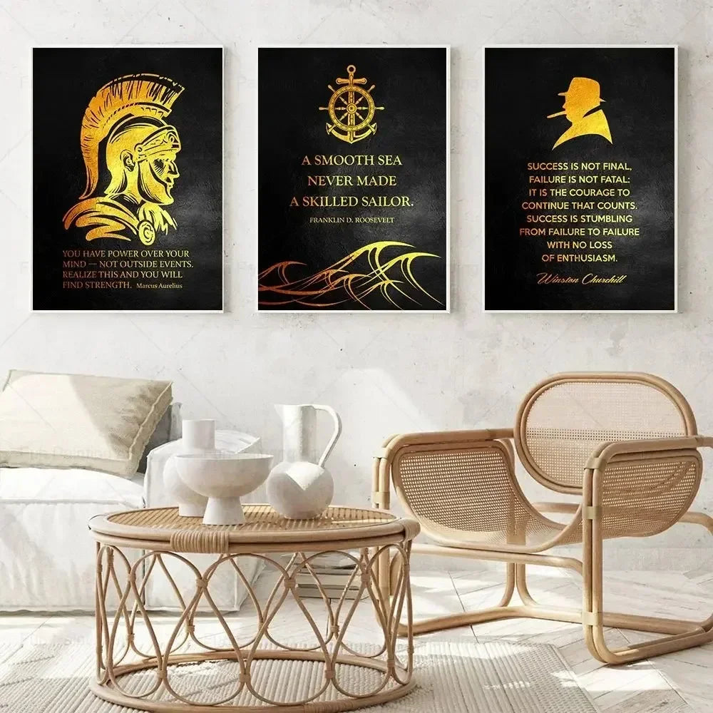 Three framed motivational quotes featuring sailing themes and success messages displayed on a white wall.