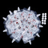 A collection of clear pouches containing red liquid, labeled as vampire blood drink containers for cosplay.