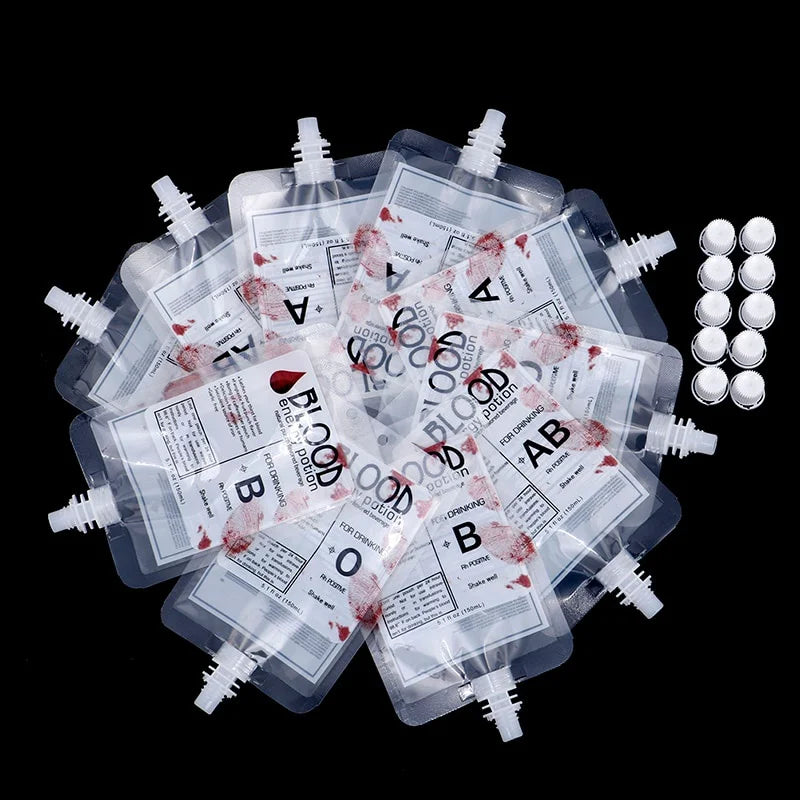 A collection of clear pouches containing red liquid, labeled as vampire blood drink containers for cosplay.