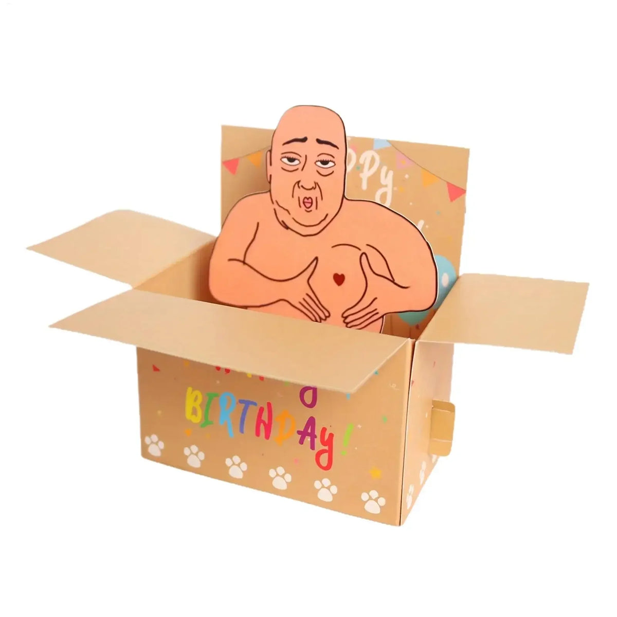 A humorous 3D pop-up birthday card featuring a surprised face and heart balloons inside a cardboard box.