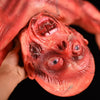 A close-up of a realistic, bloody prop face resembling a hanging corpse for Halloween decor.