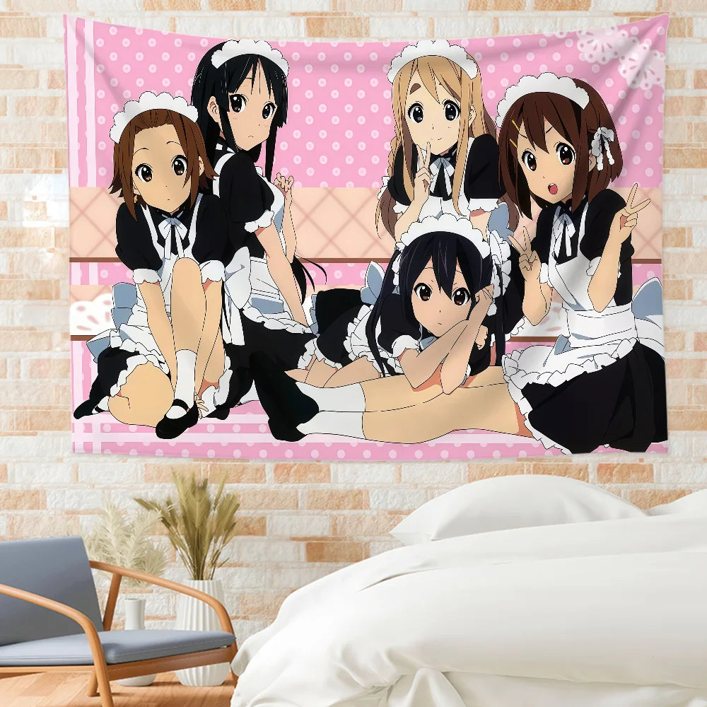 A pink and white anime flag tapestry featuring four female characters from K-On! in school uniforms.