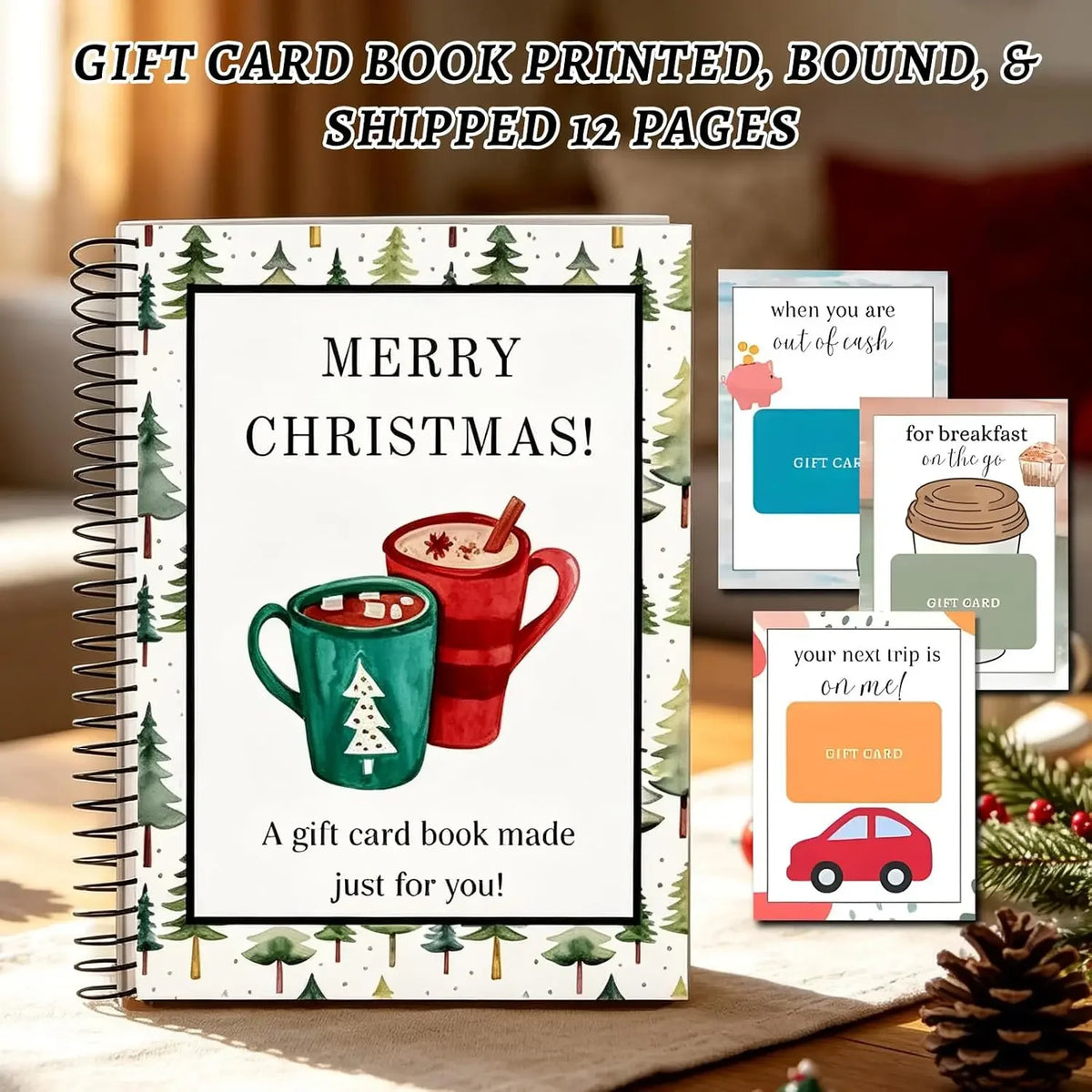 A spiral bound gift card book with a Christmas theme featuring a mug and festive greenery.