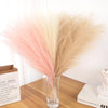 Un ramo de pampas artificial con plumajes rosa y beige en un jarrón de vidrio transparente.