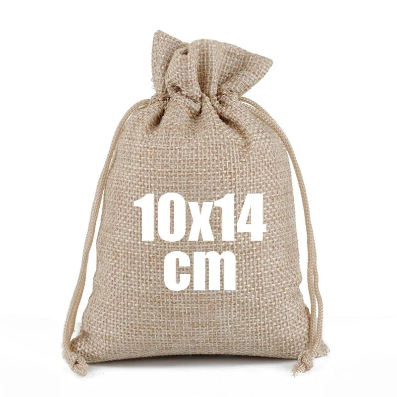 A natural burlap drawstring bag with the measurement 10x14 cm.