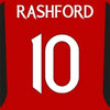 Red soccer jersey with the name RASHFORD and the number 10 printed in white.