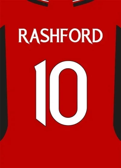 Red soccer jersey with the name RASHFORD and the number 10 printed in white.