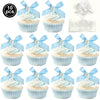 A set of ten light blue and white frosted cupcakes with pink bows for birthday or bridal shower decorations.