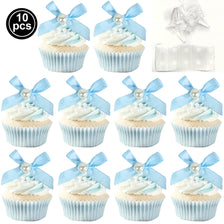 A set of ten light blue and white frosted cupcakes with pink bows for birthday or bridal shower decorations.