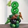 A green balloon set featuring a large number eight, a green dragon, and several dinosaur-themed balloons.