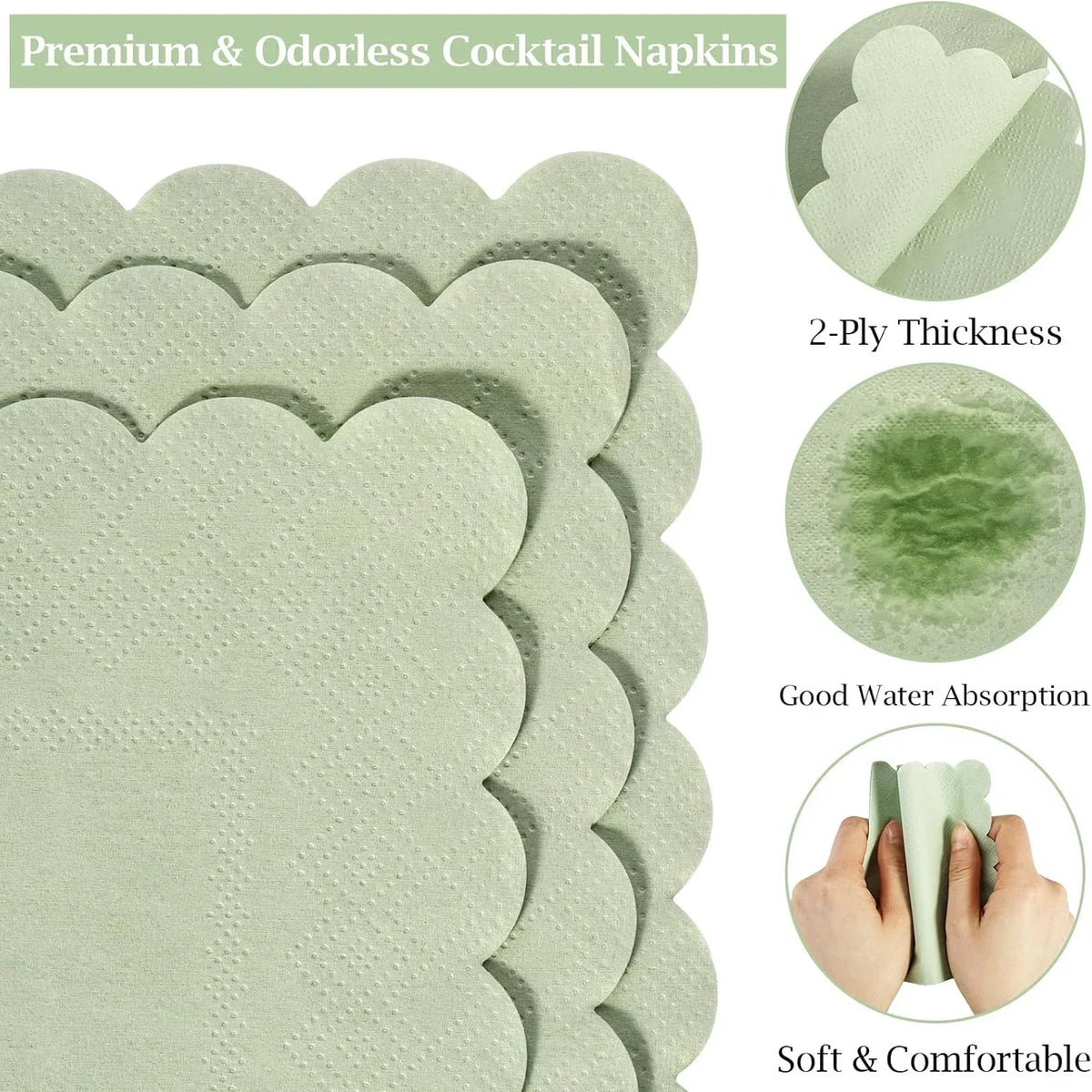 Scalloped Cocktail Napkins, 2-Ply Premium Disposable Paper Napkins (100 Pack)