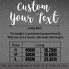 A graphic showing size options for custom text, with dimensions in centimeters and inches.
