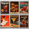 A collection of vintage cocktail bar retro canvas wall art featuring images of Negroni, The Medicine, Campari, Mardae, and Ke
