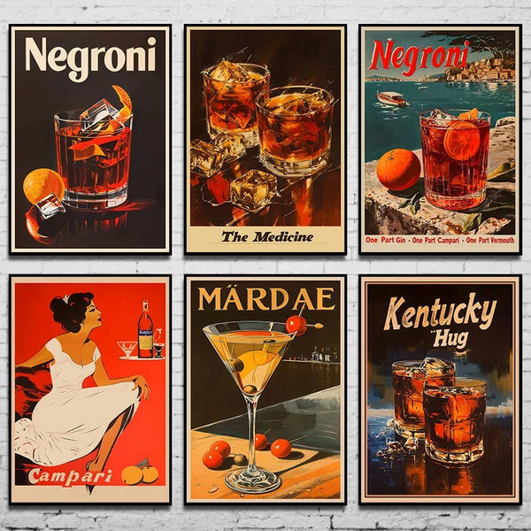 A collection of vintage cocktail bar retro canvas wall art featuring images of Negroni, The Medicine, Campari, Mardae, and Ke