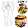 A set of 100 clear plastic dessert forks shown alongside food examples like salad and meat.