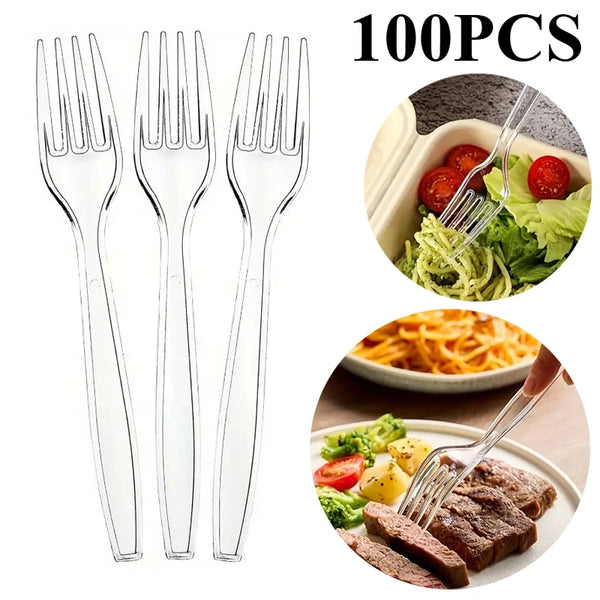 A set of 100 clear plastic dessert forks shown alongside food examples like salad and meat.