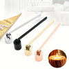 A set of stainless steel candle extinguishing tools with various tips and a wooden stick shown on a white surface.