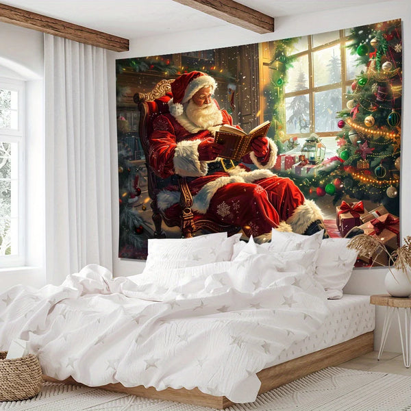 A festive tapestry featuring Santa Claus reading a book in an ornate chair against a Christmas backdrop.
