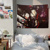 A large tapestry featuring dark, intense anime-style characters with glowing eyes and red accents.
