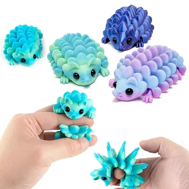 A collection of blue and purple articulated 3D printed hedgehog figurines shown in various colors and a hand holding one.