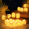 A collection of glowing white votive tea lights arranged on wooden surfaces and a glass holder.