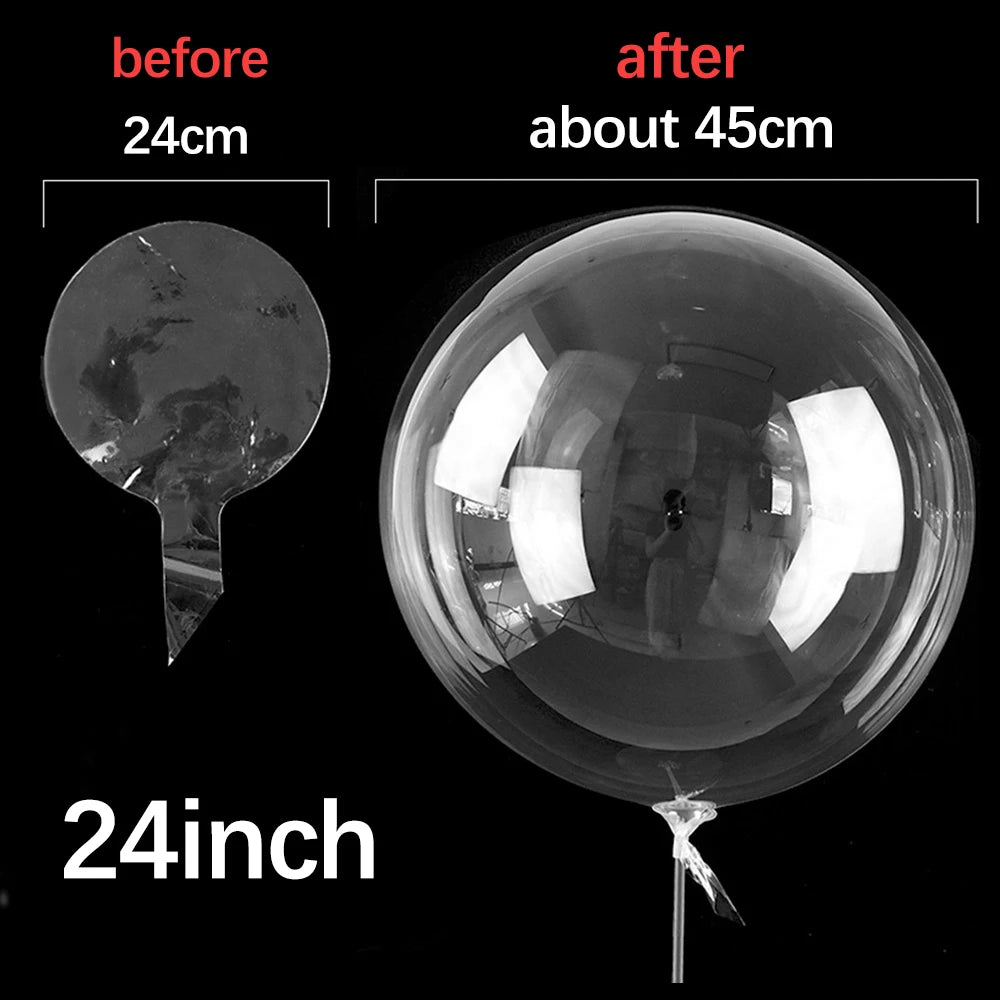 Comparison of clear balloons, showing a before size of 24cm and an after size of about 45cm.