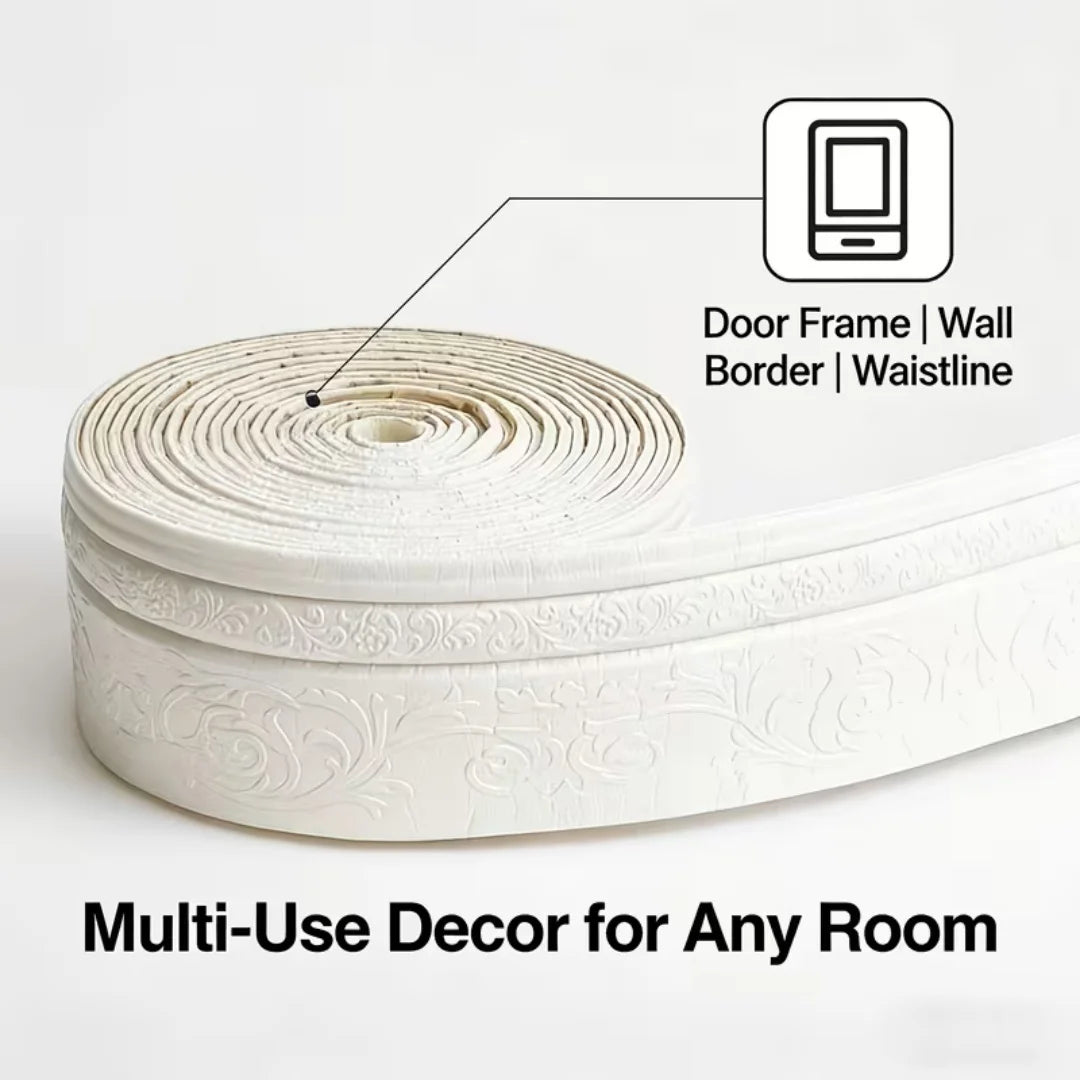 Roll of white self-adhesive 3D trim line for door frame, wall border, or waistline decor