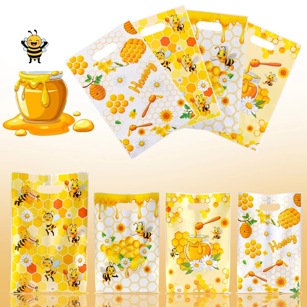 Yellow and orange bee honey gift bags with handles for party favors