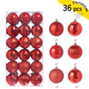A set of 36 festive red and rose gold Christmas baubles for holiday tree and decor.