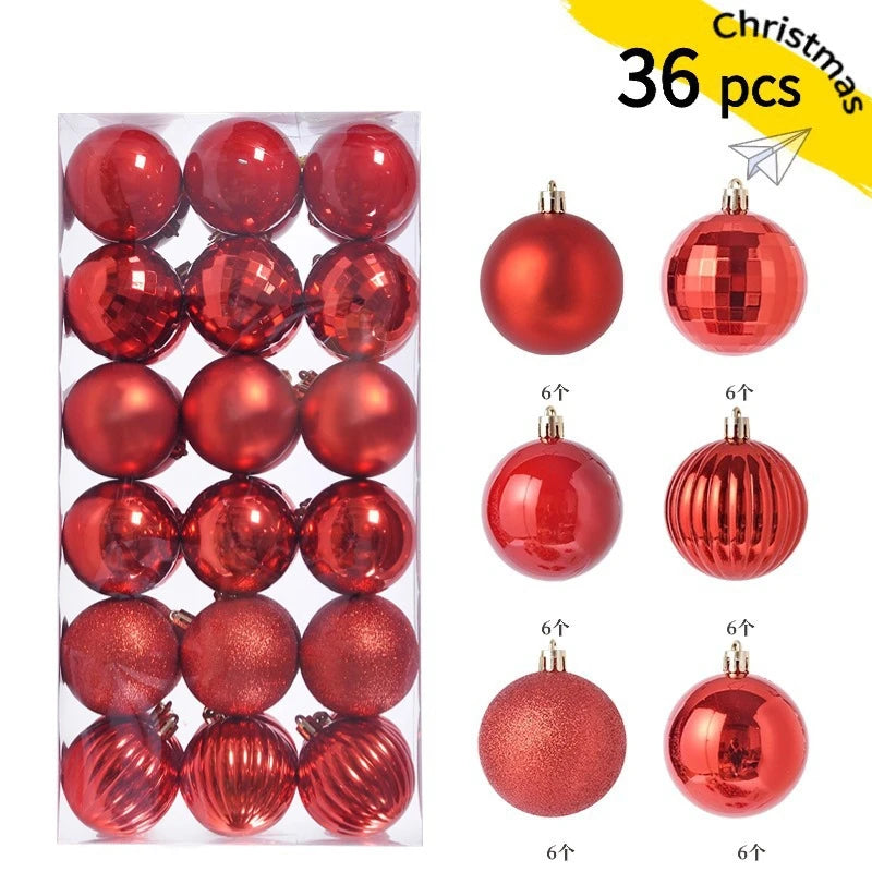 A set of 36 festive red and rose gold Christmas baubles for holiday tree and decor.