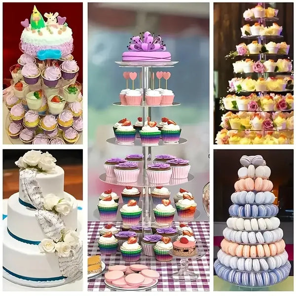 A display of various cupcakes arranged on a three-tiered clear acrylic stand for parties.