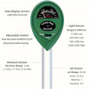 A green three-way meter device used to measure light, moisture, and pH levels for plants.