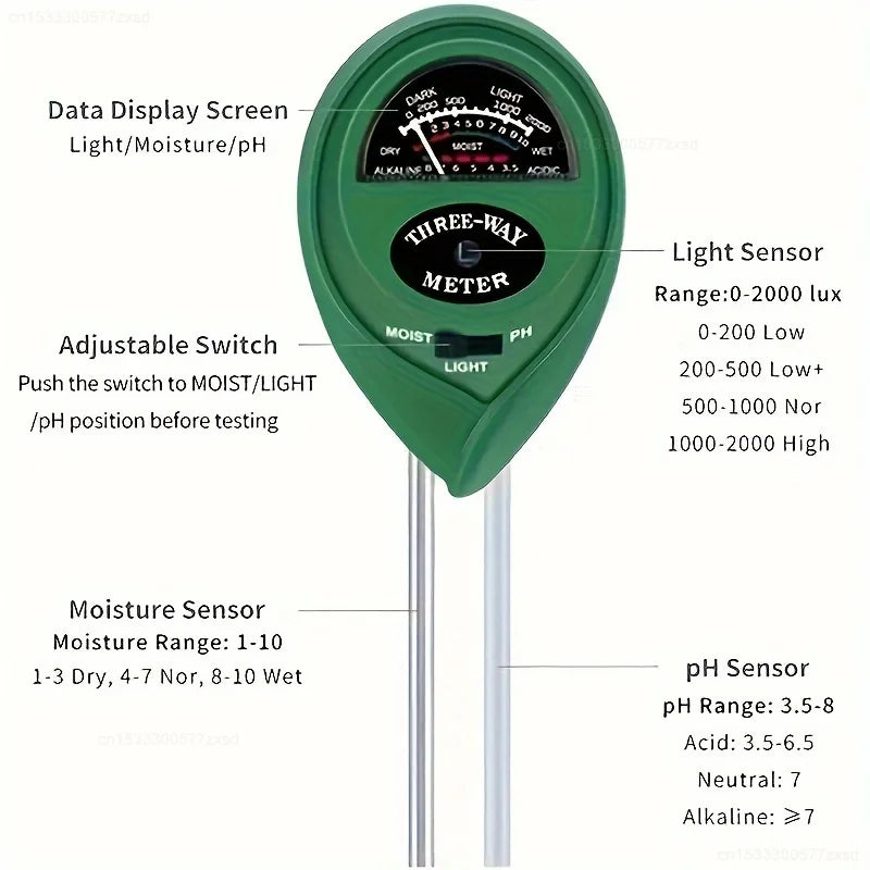 A green three-way meter device used to measure light, moisture, and pH levels for plants.