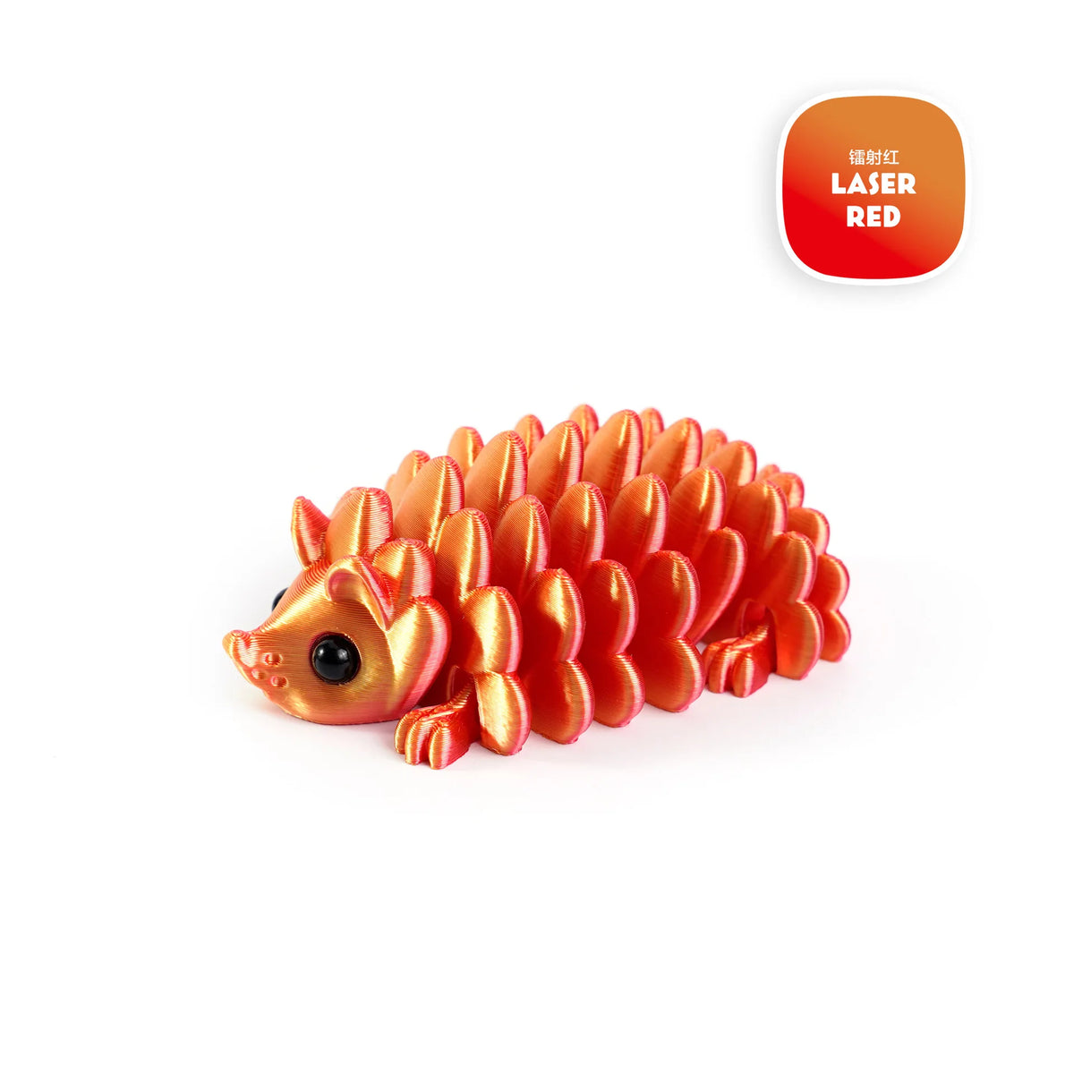 An orange, articulated 3D printed hedgehog figurine with a black eye visible.