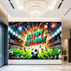 A vibrant birthday backdrop banner featuring soccer players, trophies, and fireworks against a stadium background.