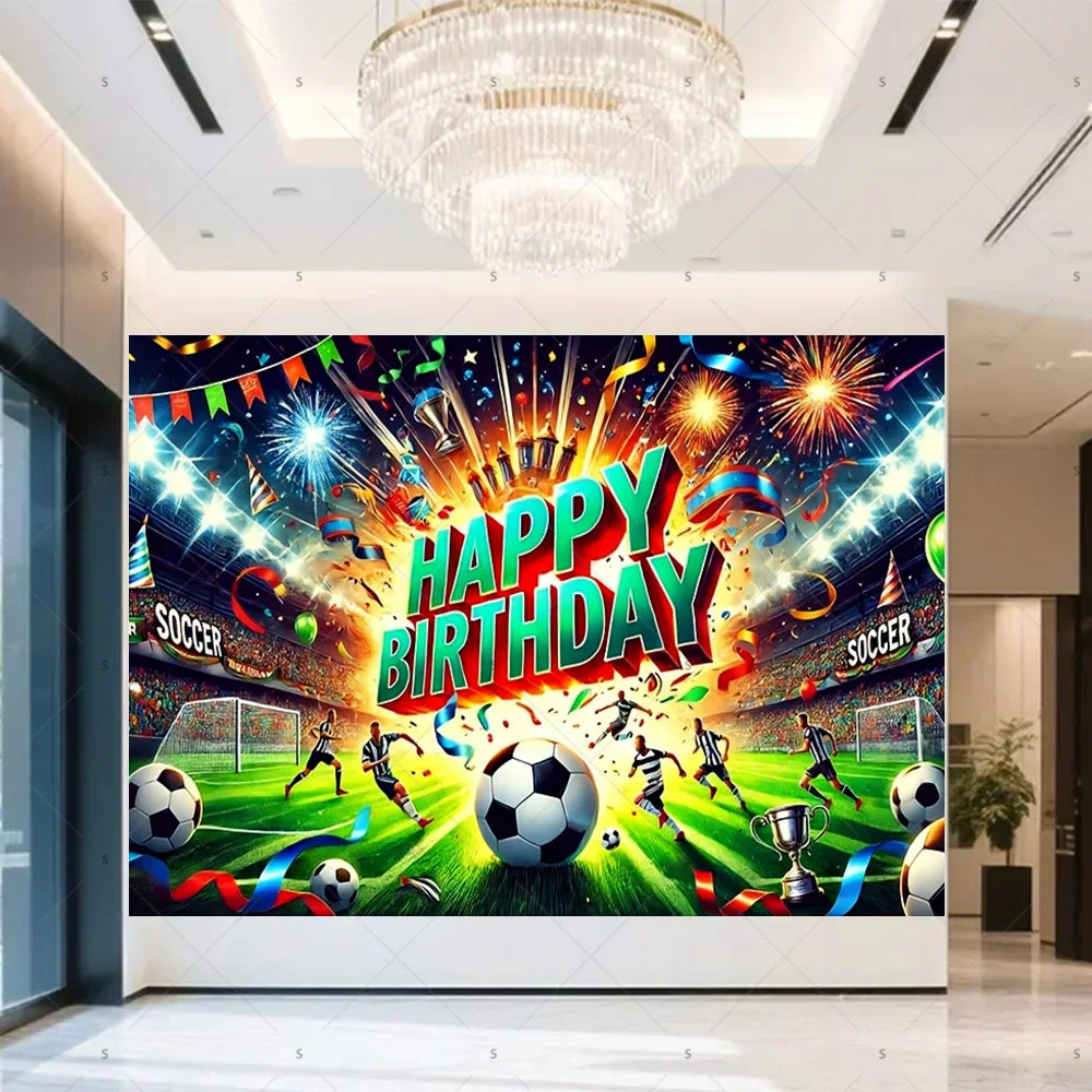 A vibrant birthday backdrop banner featuring soccer players, trophies, and fireworks against a stadium background.