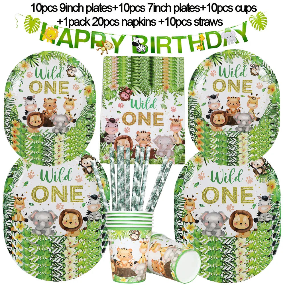 Jungle safari birthday party tableware set including plates cups napkins and straws