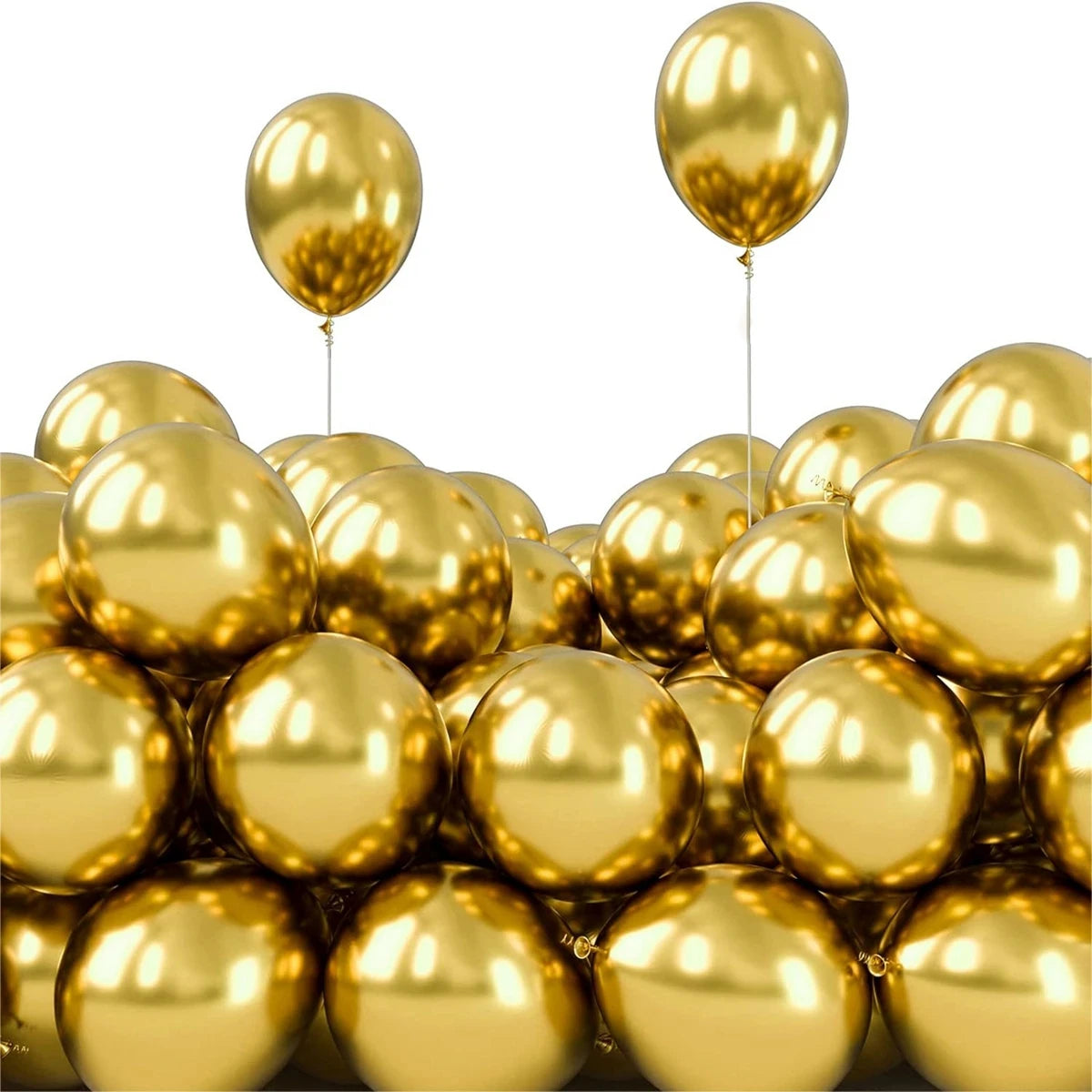 A close-up view of a large pack of chrome metallic gold balloons.