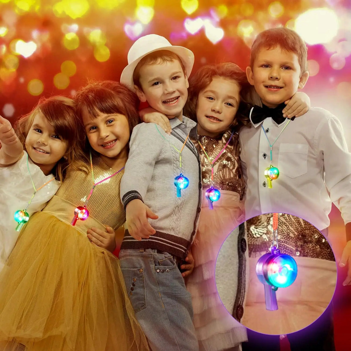Five children wearing LED light-up necklaces and glow in the dark lanyards