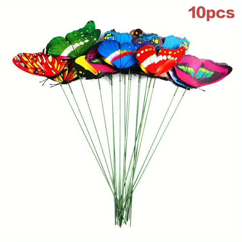 A set of ten colorful decorative butterfly garden stakes with vibrant wings.