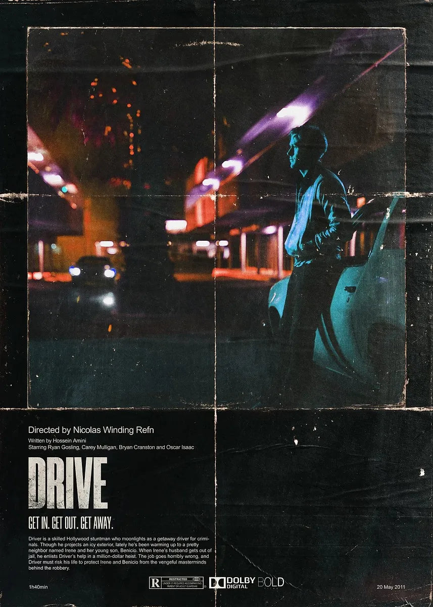 Movie poster for the film Drive featuring a silhouette of a driver in a dark, neon-lit setting.