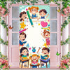 A colorful banner featuring cartoon children studying and celebrating, decorated with flowers and greenery.