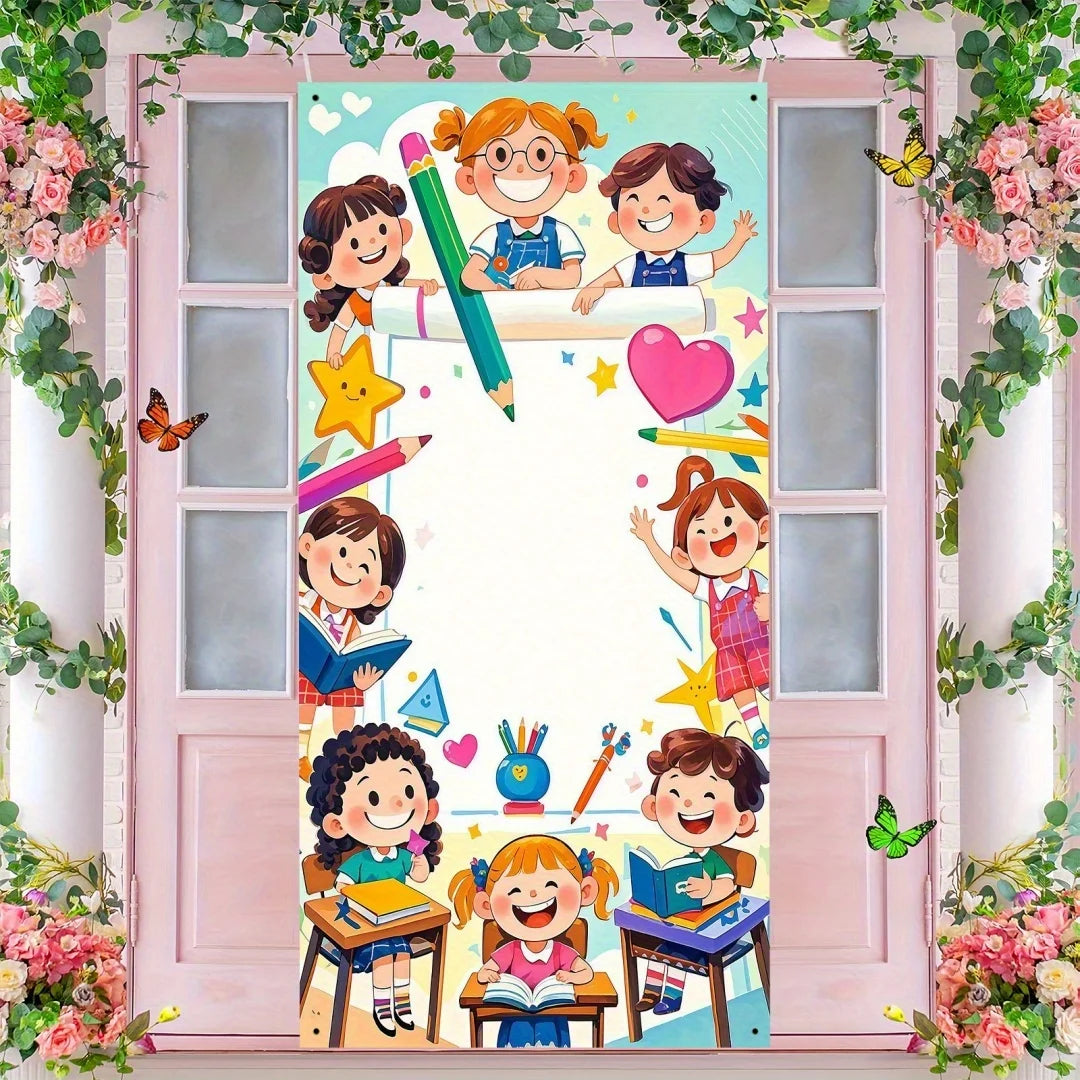 A colorful banner featuring cartoon children studying and celebrating, decorated with flowers and greenery.