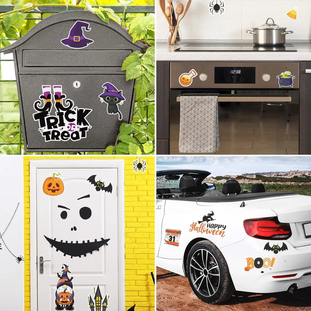A set of 16 Halloween fridge magnets featuring spooky characters and designs.